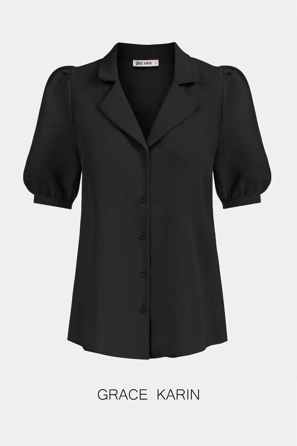 GRACE KARIN Puffed Sleeves Button Pleated Black Tops sold by Grace Karin