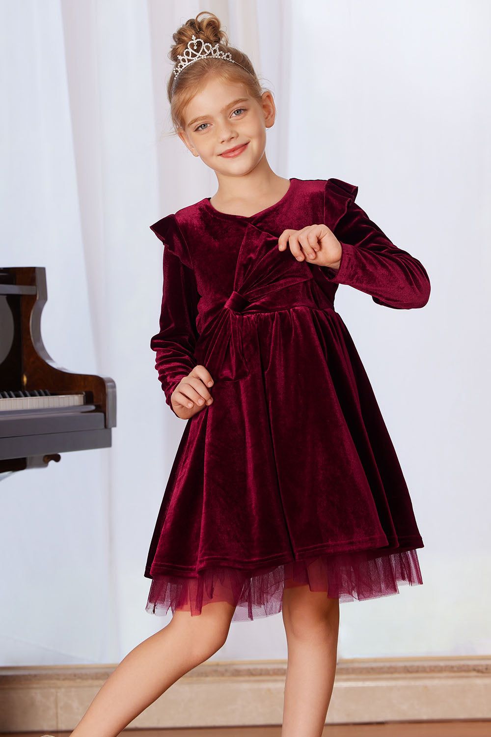 GK Kids Velvet Party Dress Long Sleeve Crew Neck Tulle Netting Hem A-Line Dress sold by Grace Karin product image thumbnail 8