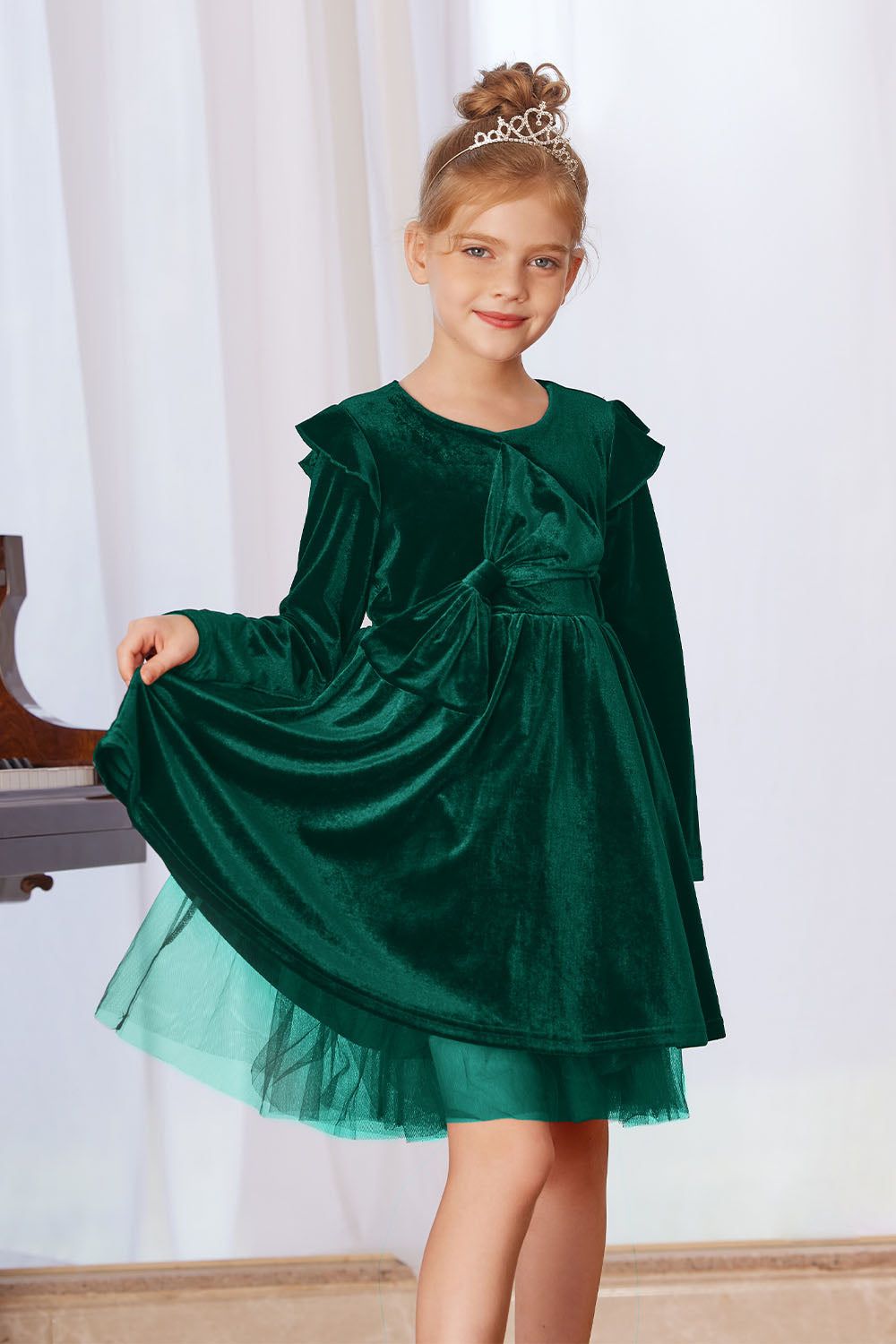 GK Kids Velvet Party Dress Long Sleeve Crew Neck Tulle Netting Hem A-Line Dress sold by Grace Karin product image thumbnail 6