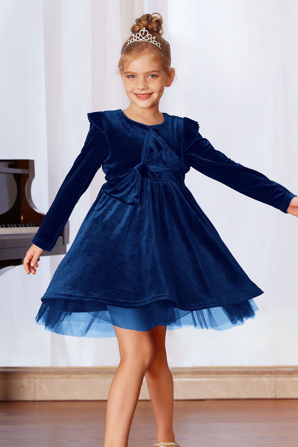 GK Kids Velvet Party Dress Long Sleeve Crew Neck Tulle Netting Hem A-Line Dress sold by Grace Karin