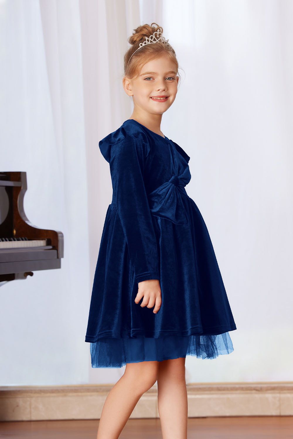 GK Kids Velvet Party Dress Long Sleeve Crew Neck Tulle Netting Hem A-Line Dress sold by Grace Karin product image thumbnail 2