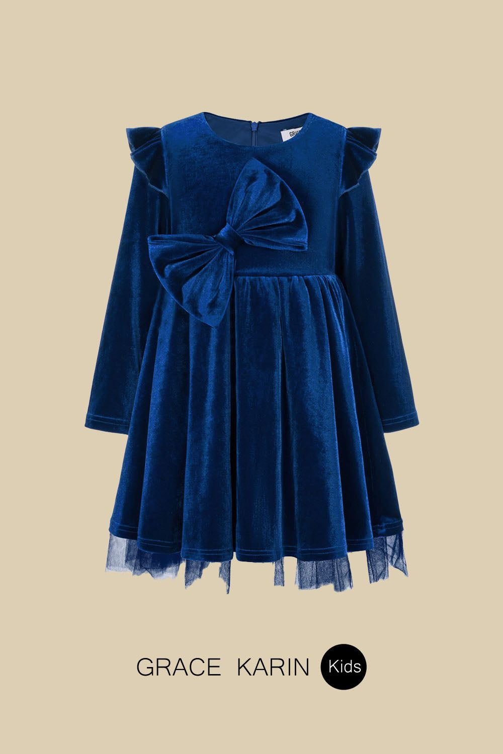 GK Kids Velvet Party Dress Long Sleeve Crew Neck Tulle Netting Hem A-Line Dress sold by Grace Karin product image thumbnail 3
