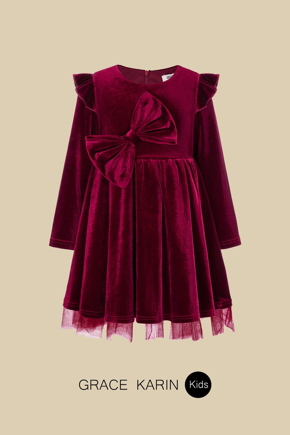 GK Kids Velvet Party Dress Long Sleeve Crew Neck Tulle Netting Hem A-Line Dress sold by Grace Karin product image thumbnail 9