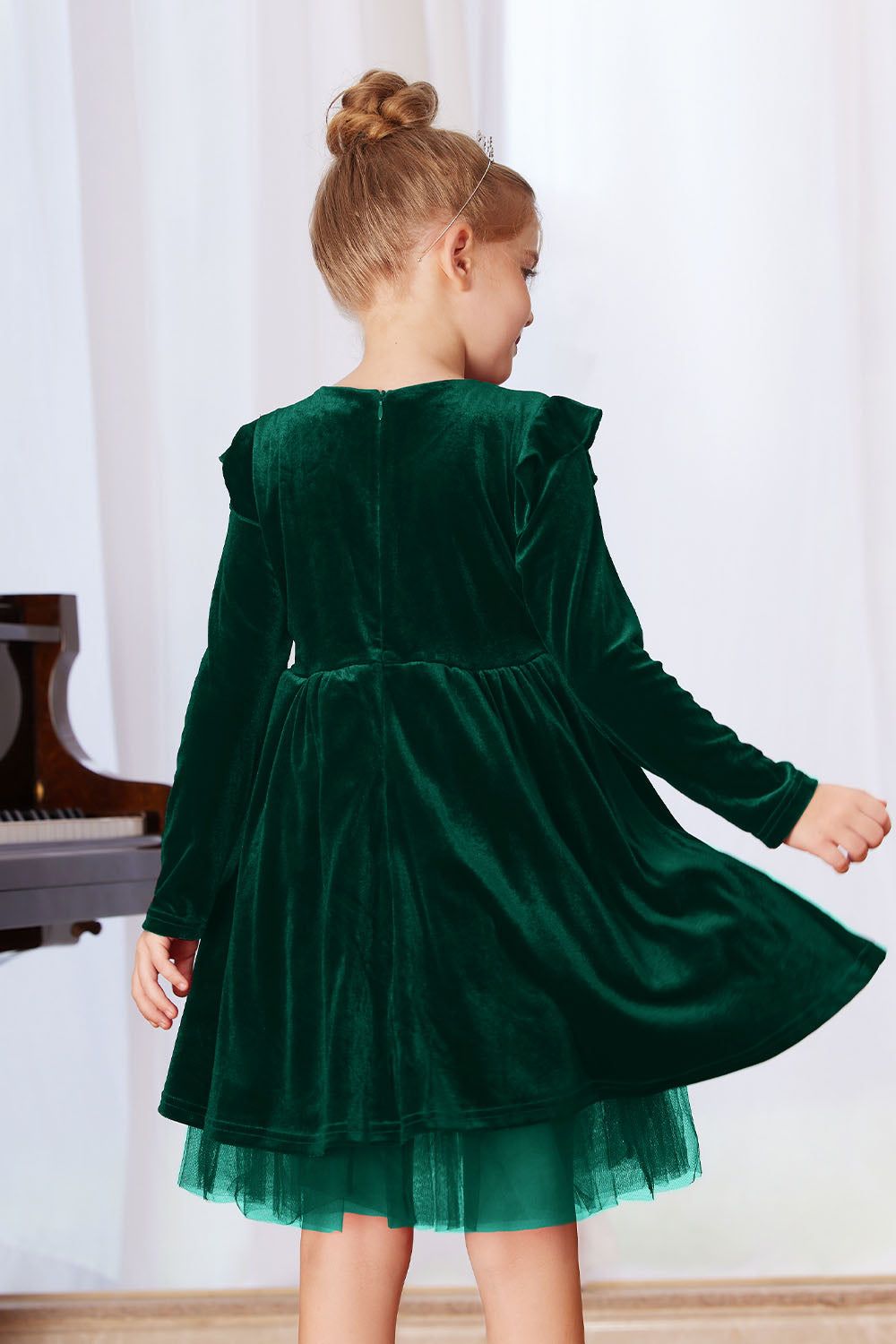 GK Kids Velvet Party Dress Long Sleeve Crew Neck Tulle Netting Hem A-Line Dress sold by Grace Karin product image thumbnail 4