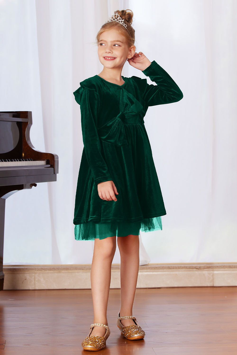 GK Kids Velvet Party Dress Long Sleeve Crew Neck Tulle Netting Hem A-Line Dress sold by Grace Karin product image thumbnail 5