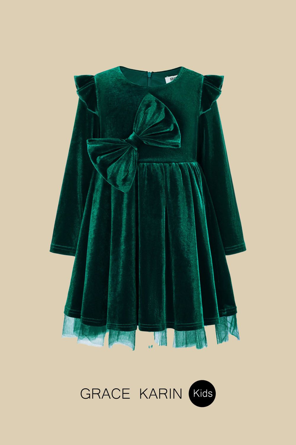 GK Kids Velvet Party Dress Long Sleeve Crew Neck Tulle Netting Hem A-Line Dress sold by Grace Karin product image thumbnail 7