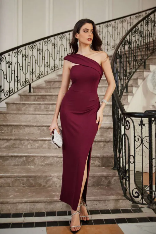 GK Women High Slit Party Dress Comfy One-Shoulder Ruched Maxi Dress sold by Grace Karin