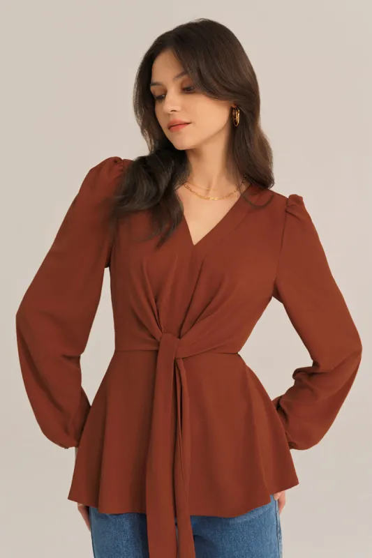 Casual Bow-Knot V-Neck Long Sleeve A-Line Tops - Brown sold by Grace Karin