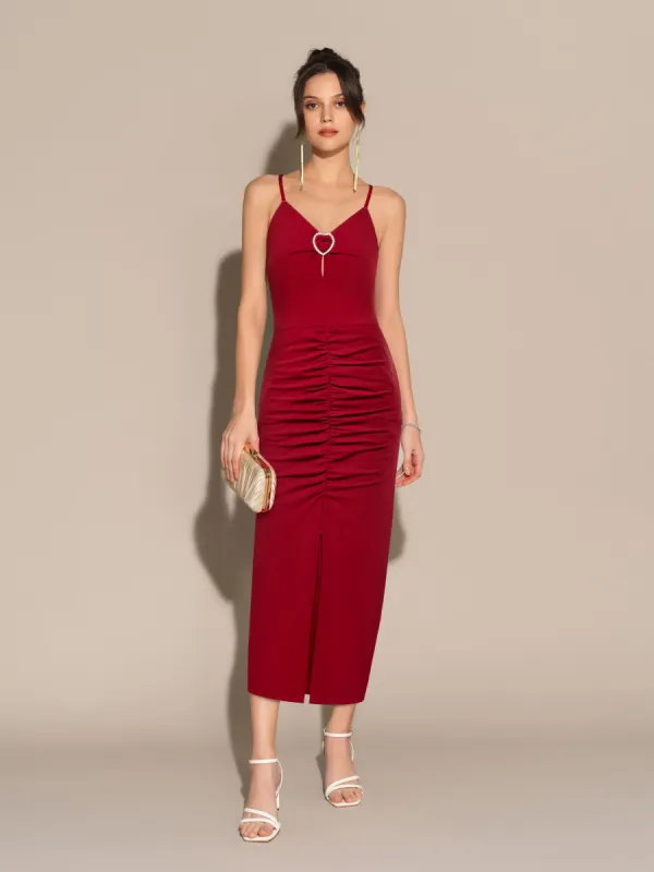 Front Slit V-Neck Spaghetti Straps Ruched Bodycon Party Dress - Red sold by Grace Karin