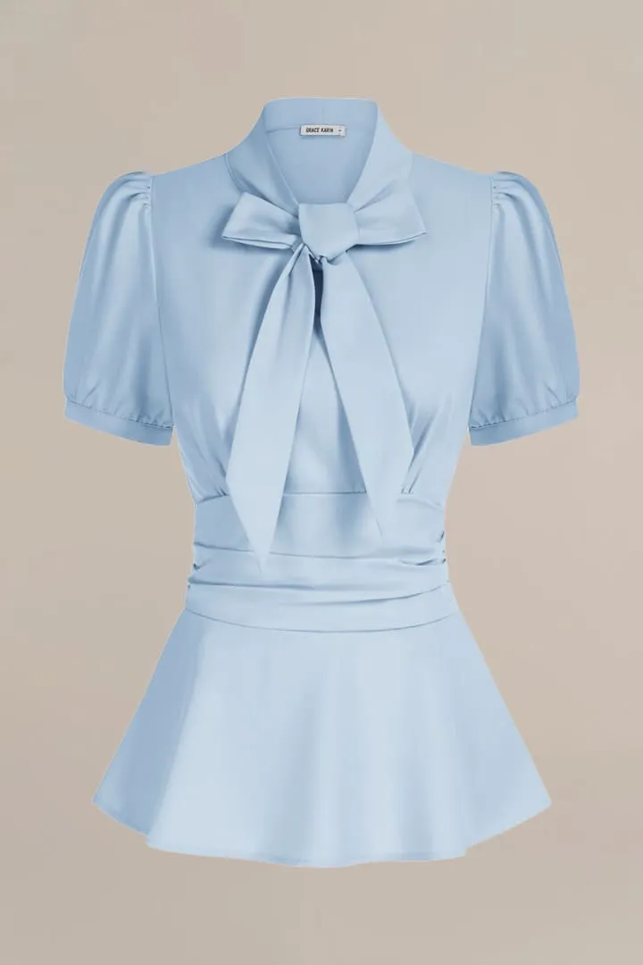Puff Sleeve Bow Tie Collar Short Sleeve Top sold by Grace Karin