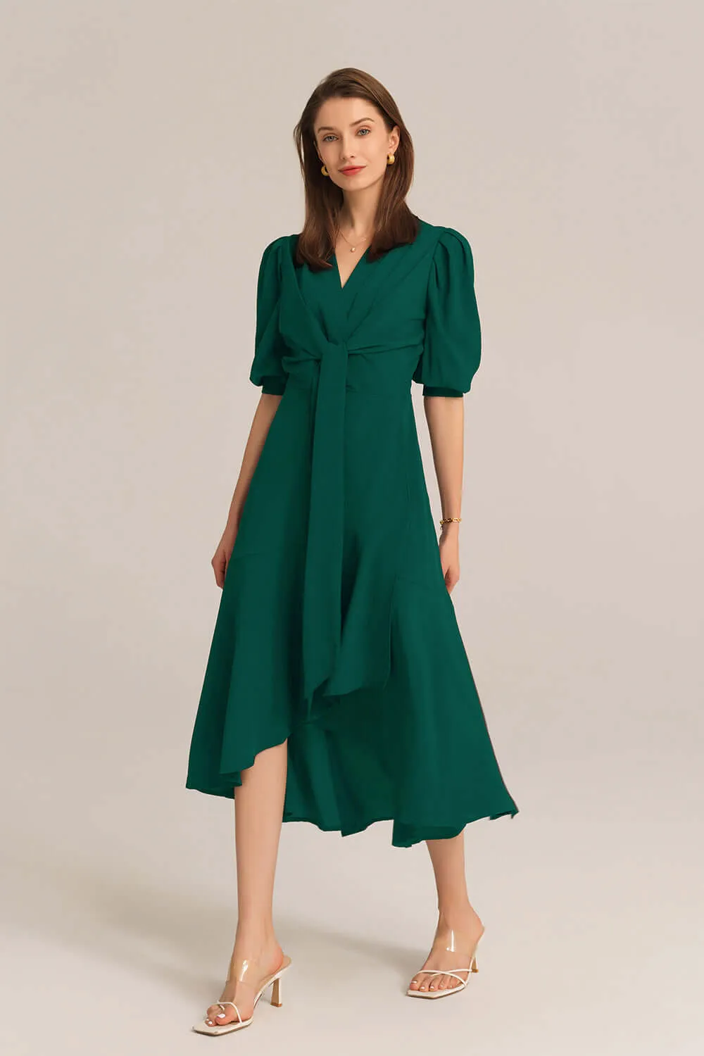 Bow-Knot Wrap Hem V-Neck 3/4 Sleeve Midi Dress - Green sold by Grace Karin