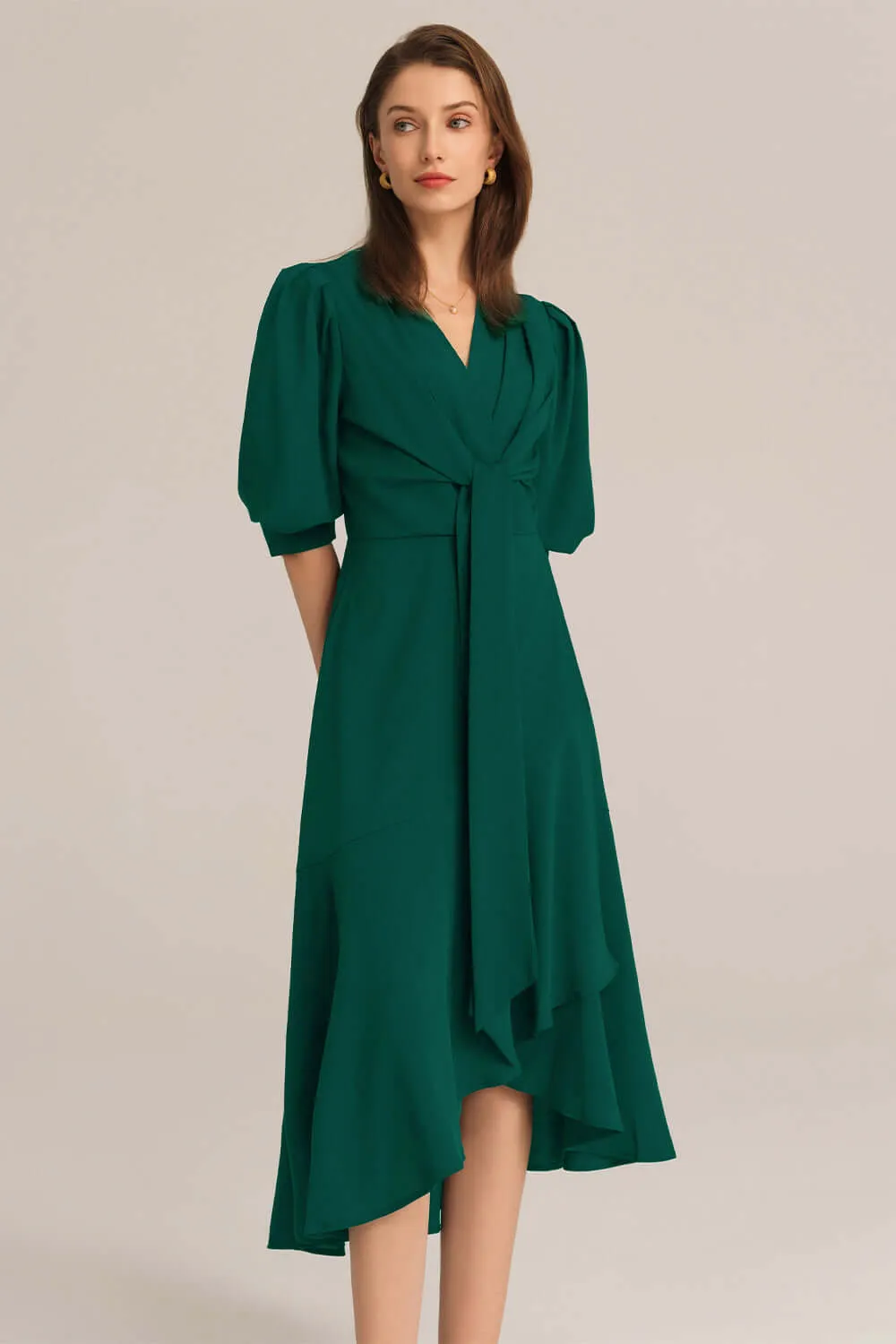 Bow-Knot Wrap Hem V-Neck 3/4 Sleeve Midi Dress - Green sold by Grace Karin product image thumbnail 2