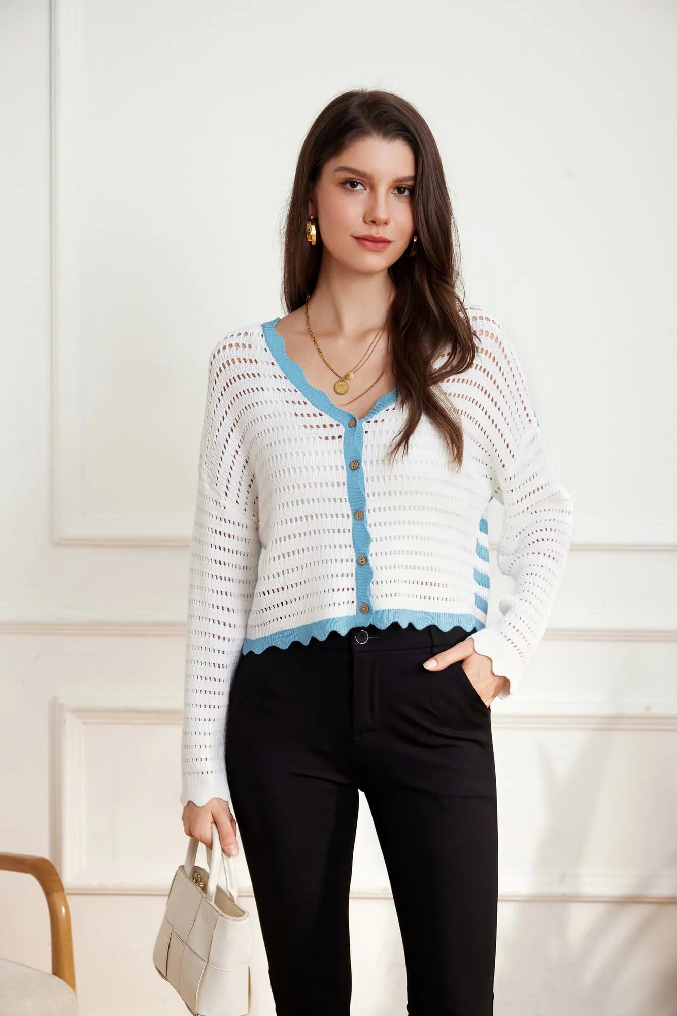 Hollowed-out Contrast Color Long Sleeve Button-up Cardigan sold by Grace Karin