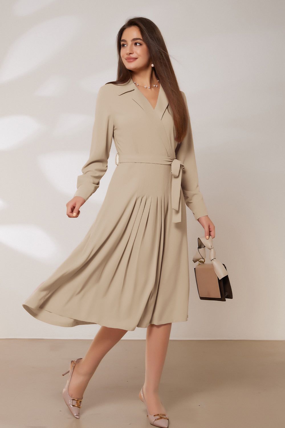 GRACE KARIN Lapel Collar Pleated Long Sleeve V-Neck Flared A-Line Dress sold by Grace Karin product image thumbnail 16