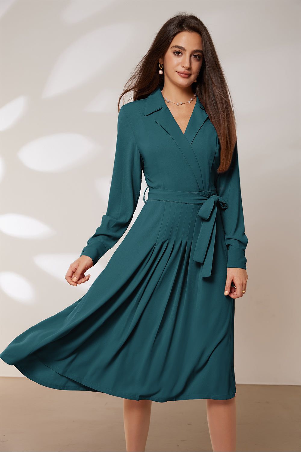 GRACE KARIN Lapel Collar Pleated Long Sleeve V-Neck Flared A-Line Dress sold by Grace Karin product image thumbnail 4