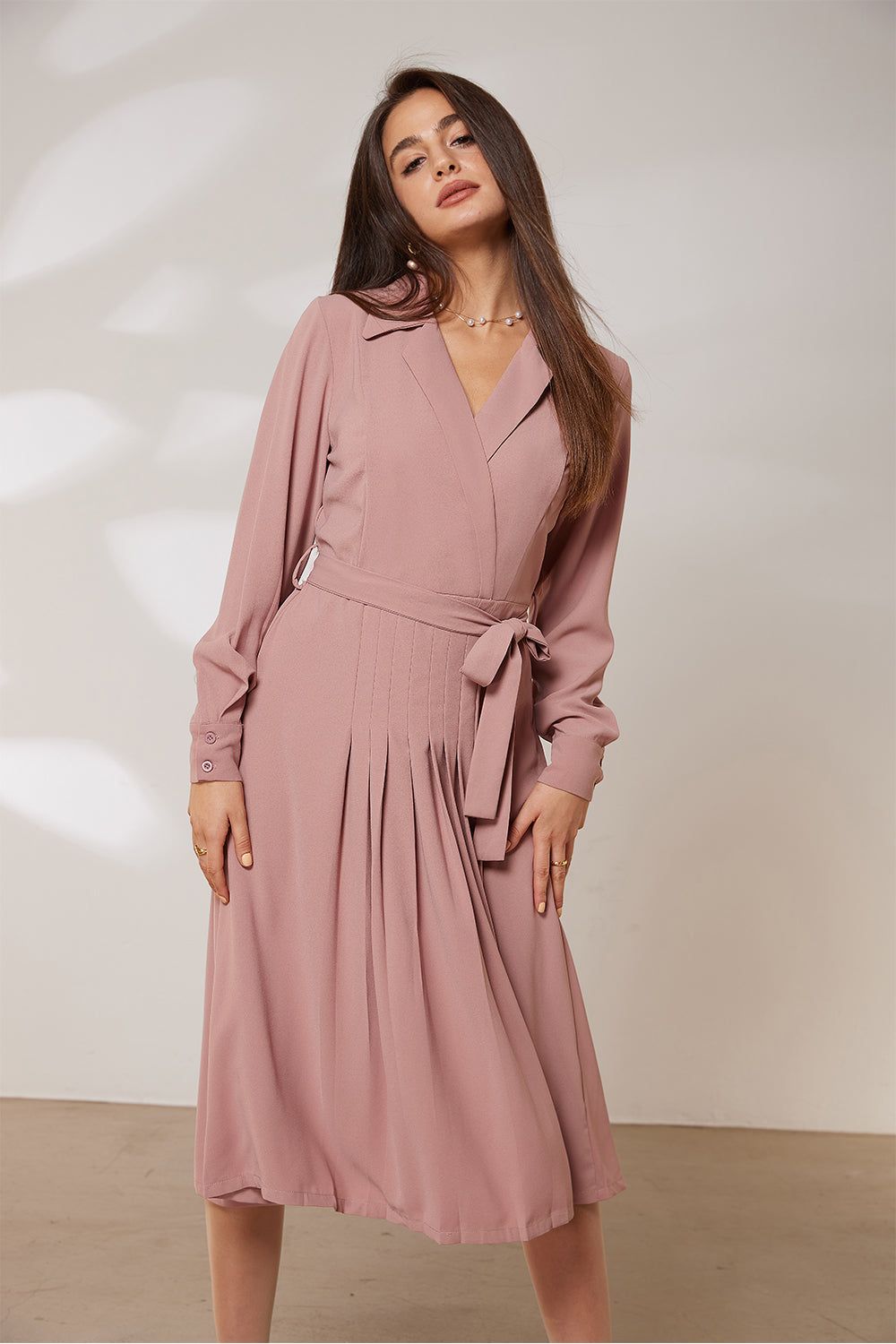 GRACE KARIN Lapel Collar Pleated Long Sleeve V-Neck Flared A-Line Dress sold by Grace Karin product image thumbnail 7