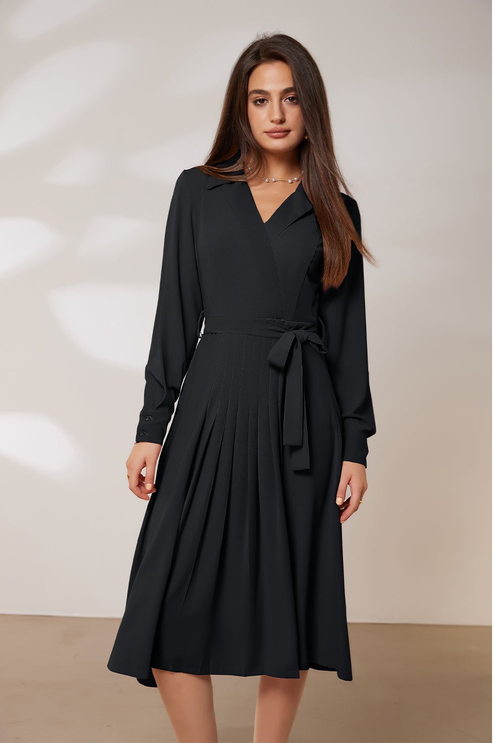 GRACE KARIN Lapel Collar Pleated Long Sleeve V-Neck Flared A-Line Dress sold by Grace Karin product image thumbnail 11