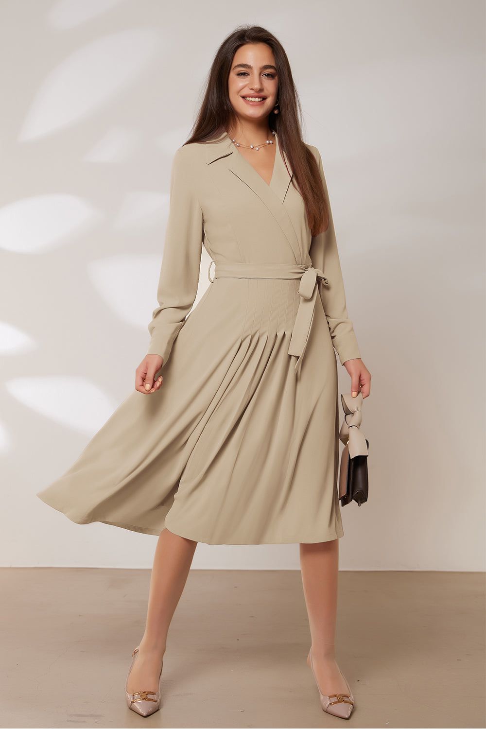 GRACE KARIN Lapel Collar Pleated Long Sleeve V-Neck Flared A-Line Dress sold by Grace Karin product image thumbnail 15
