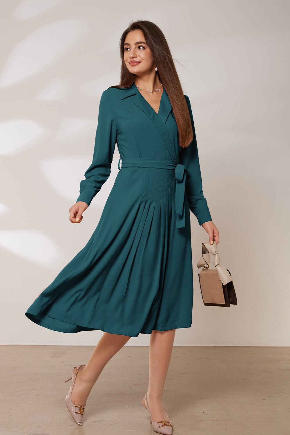 GRACE KARIN Lapel Collar Pleated Long Sleeve V-Neck Flared A-Line Dress sold by Grace Karin product image thumbnail 5