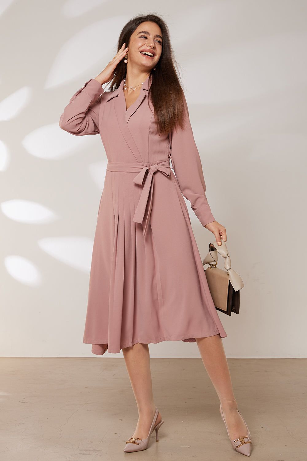 GRACE KARIN Lapel Collar Pleated Long Sleeve V-Neck Flared A-Line Dress sold by Grace Karin product image thumbnail 6