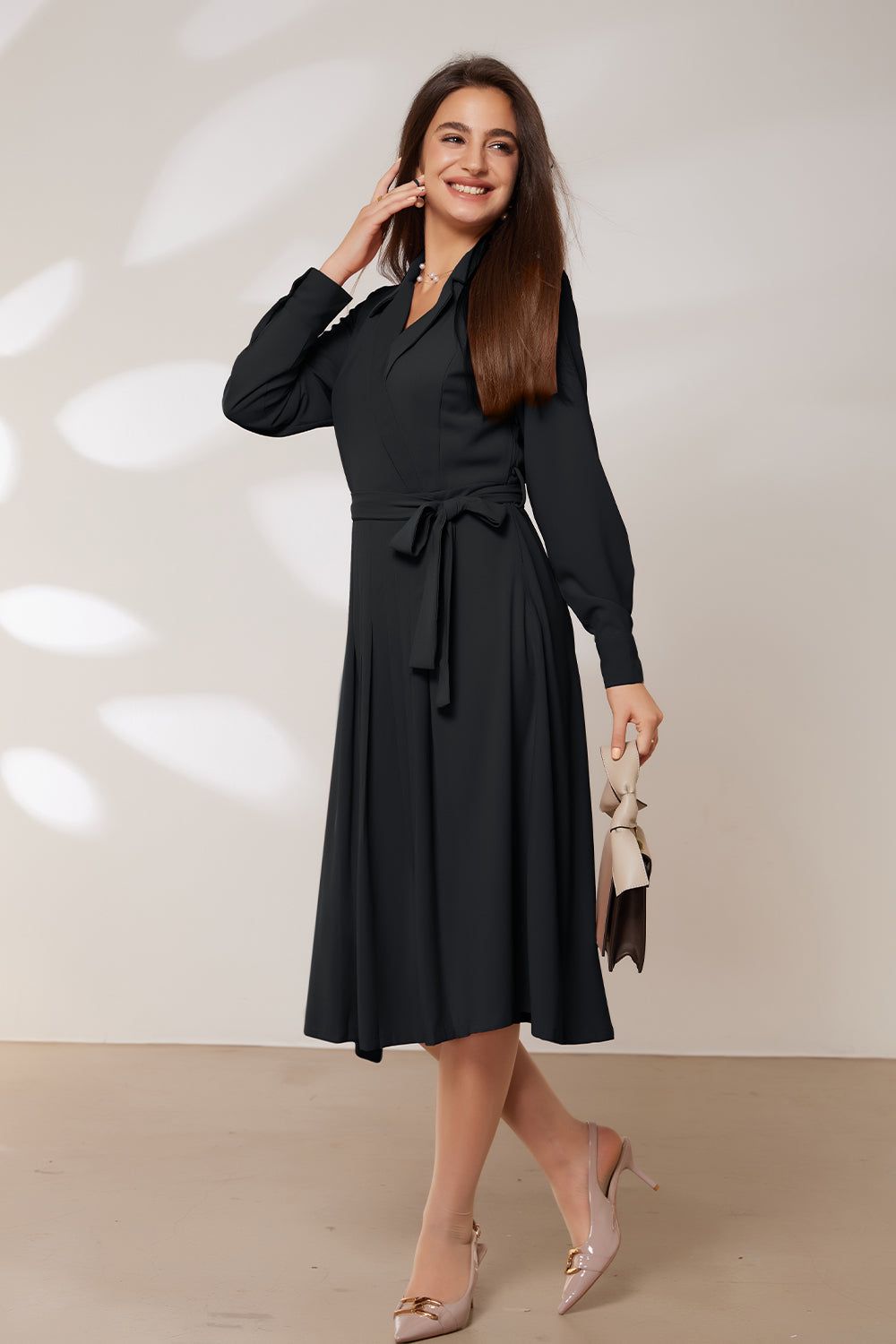 GRACE KARIN Lapel Collar Pleated Long Sleeve V-Neck Flared A-Line Dress sold by Grace Karin product image thumbnail 10