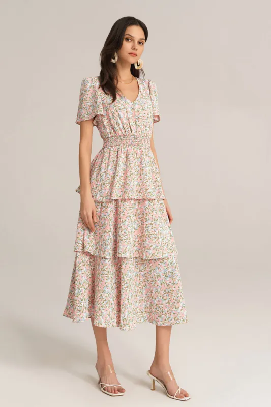 V-Neck Short Sleeve Elastic Waist Flared A-Line Cake Midi Dress - Pink sold by Grace Karin