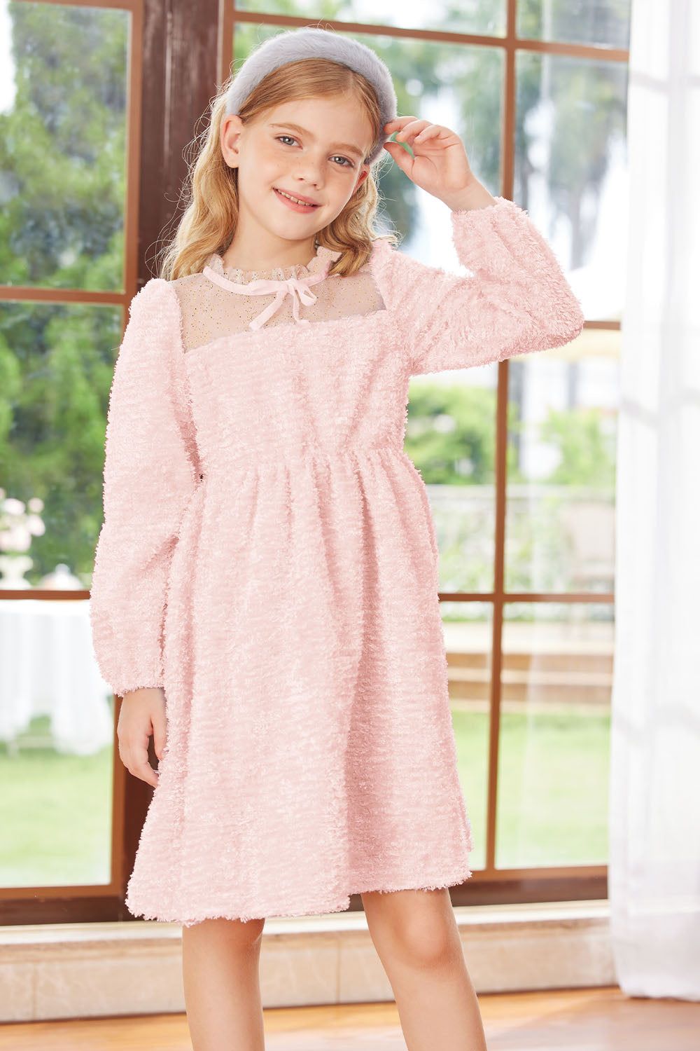 GK Kids Mesh Patchwork Dress Long Sleeve Crew Neck Elastic Waist A-Line Dress sold by Grace Karin