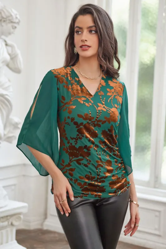 GK Women Contrast Fabric Tops Casual 3/4 Slit Sleeve V-Neck Ruched Tops sold by Grace Karin