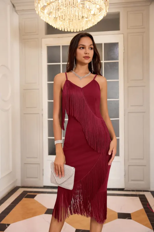 GK Women Tassel Decorated Party Dress Spaghetti Straps V-Neck Bodycon Dress sold by Grace Karin