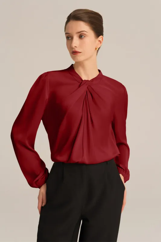 Knotted Neck Comfy Long Sleeve Keyhole Back Blouse - Red sold by Grace Karin