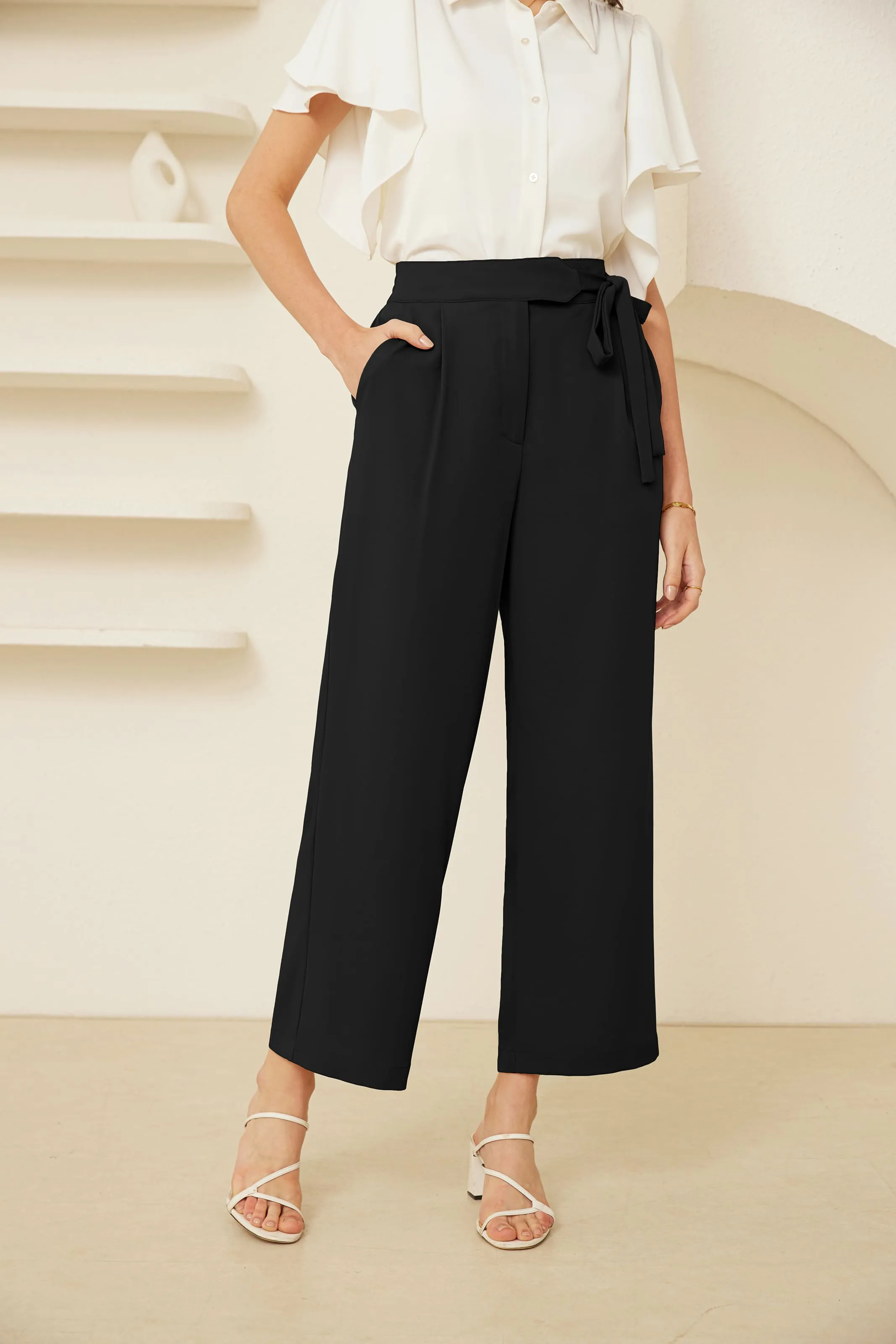 GK Women Straight Leg Ankle Pants OL Elastic High Waist Cropped Pants sold by Grace Karin