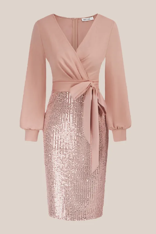 Sequin Long Sleeve Elegant Cocktail Party Dresses  - Pink sold by Grace Karin