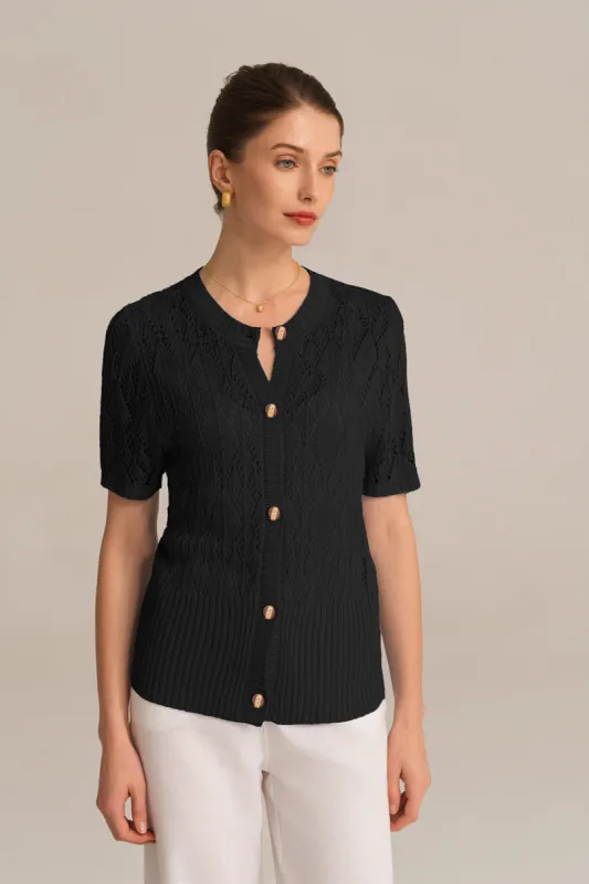 Hollowed-out Short Sleeve Crew Neck Button-up knitted Cardigan - Black sold by Grace Karin
