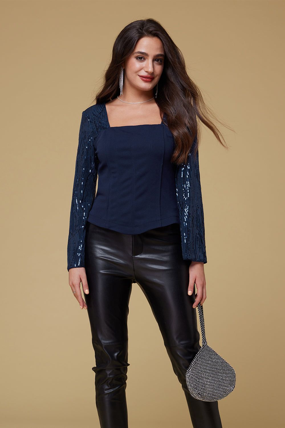 GK Women Sequin Patchwork Tops Long Sleeve Square Neck Curved Hem Party Tops sold by Grace Karin