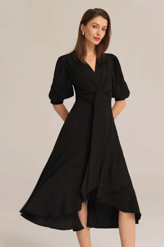 Bow-Knot Wrap Hem V-Neck 3/4 Sleeve Midi Dress - Black sold by Grace Karin