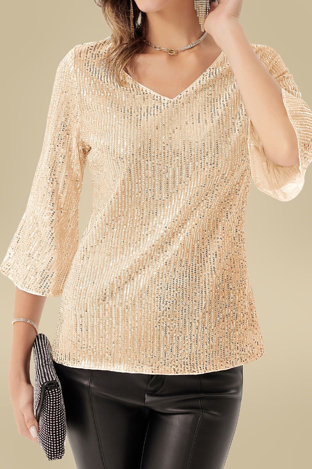 GRACE KARIN Women Sequined Cut-out Tops 3/4 Bell Sleeve V-Neck Hip Length Party Tops sold by Grace Karin product image thumbnail 2