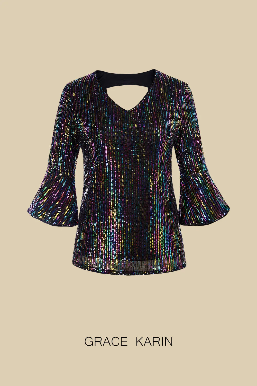 GRACE KARIN Women Sequined Cut-out Tops 3/4 Bell Sleeve V-Neck Hip Length Party Tops sold by Grace Karin product image thumbnail 2