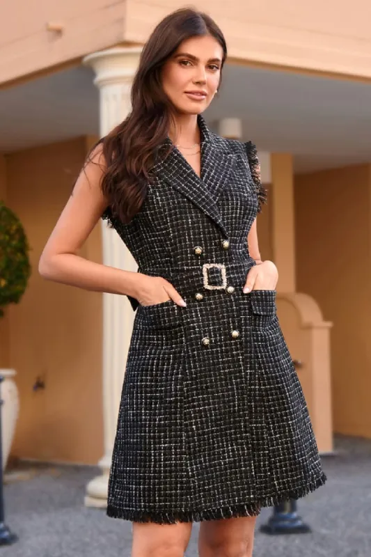 Tweed Sleeveless Lapel Button Front Belt dresses sold by Grace Karin