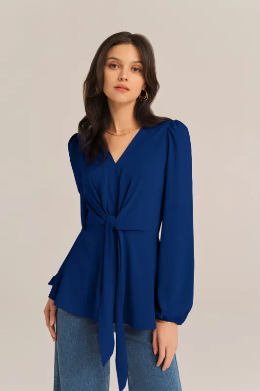 Casual Bow-Knot V-Neck Long Sleeve A-Line Tops - Blue sold by Grace Karin