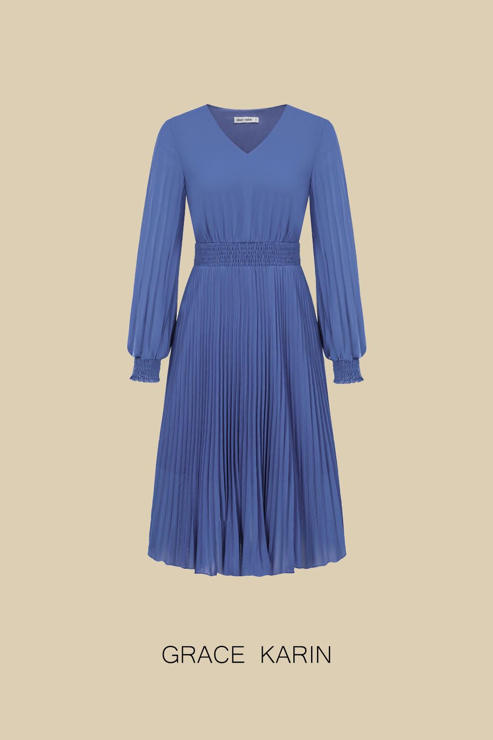 GK Women Pleated Chiffon Dress Long Sleeve V-Neck Elastic Waist A-Line Dress sold by Grace Karin product image thumbnail 4