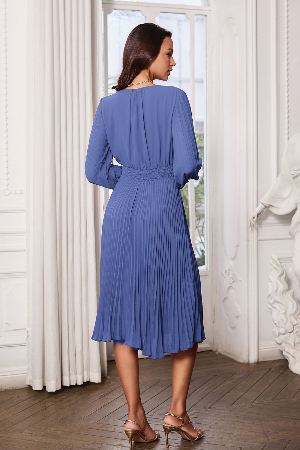 GK Women Pleated Chiffon Dress Long Sleeve V-Neck Elastic Waist A-Line Dress sold by Grace Karin product image thumbnail 3