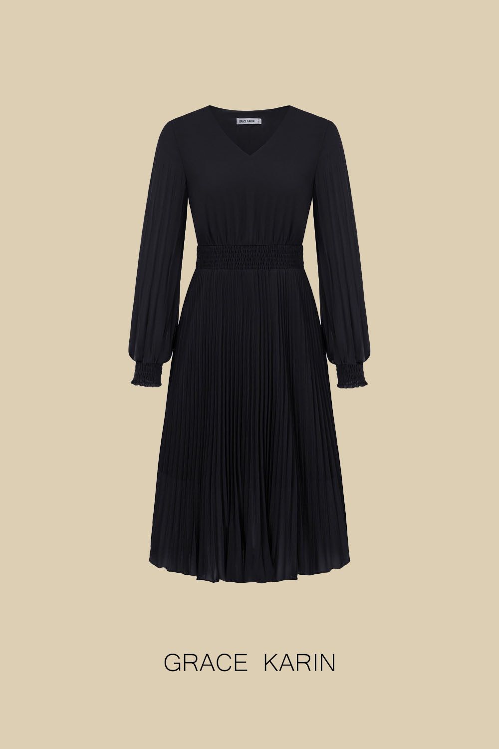 GK Women Pleated Chiffon Dress Long Sleeve V-Neck Elastic Waist A-Line Dress sold by Grace Karin product image thumbnail 7