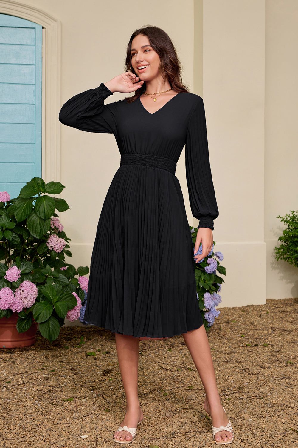 GK Women Pleated Chiffon Dress Long Sleeve V-Neck Elastic Waist A-Line Dress sold by Grace Karin product image thumbnail 5