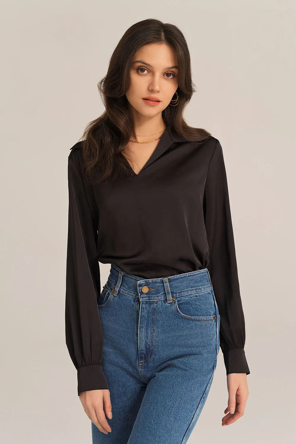Satin Silk Blouse Loose Fit Comfy Tops - Black sold by Grace Karin product image thumbnail 2
