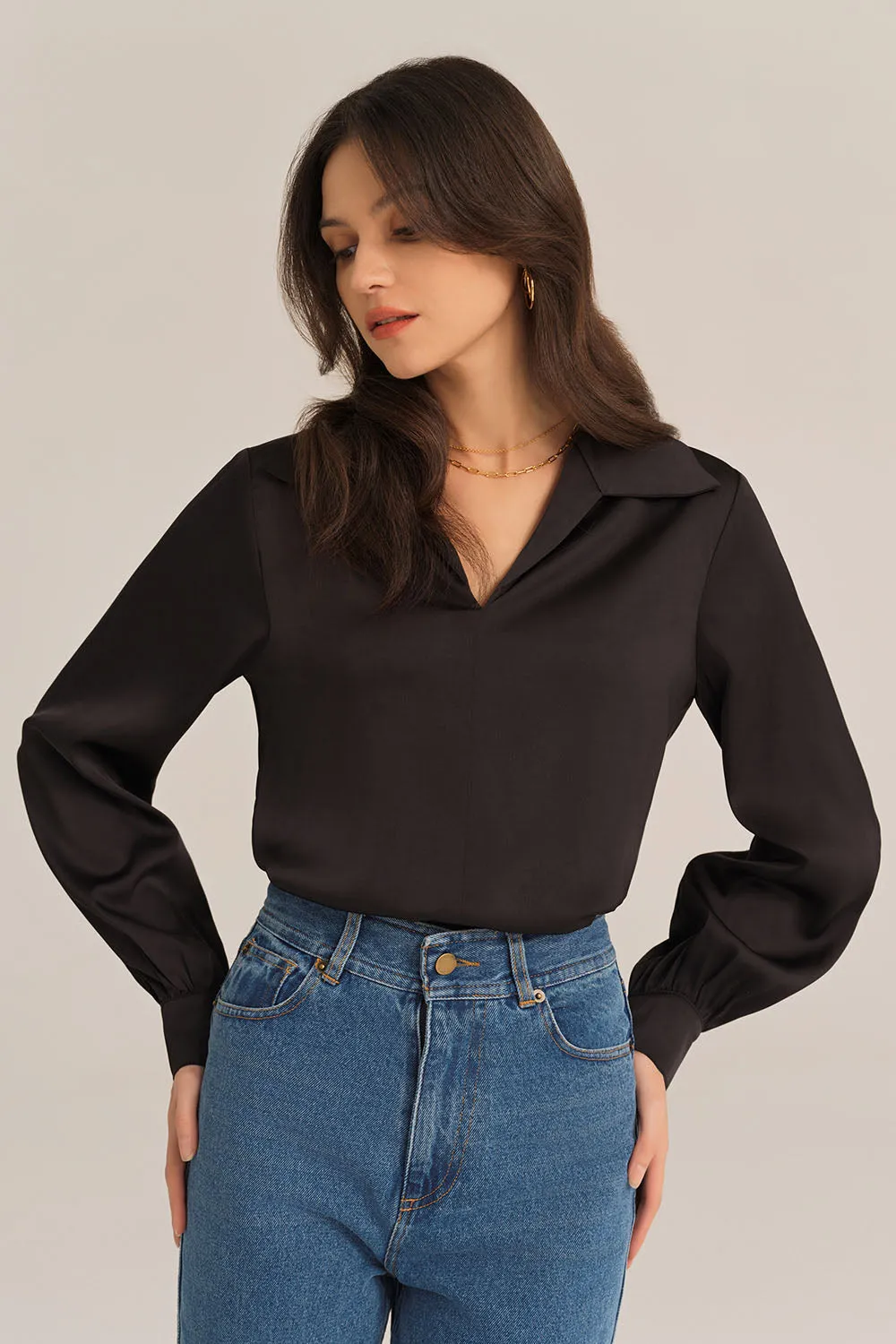 Satin Silk Blouse Loose Fit Comfy Tops - Black sold by Grace Karin