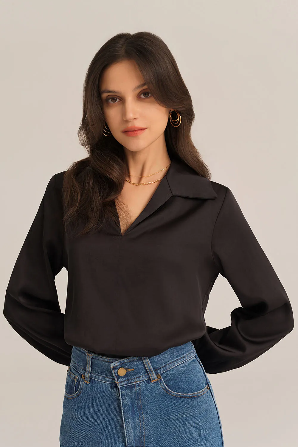 Satin Silk Blouse Loose Fit Comfy Tops - Black sold by Grace Karin product image thumbnail 3