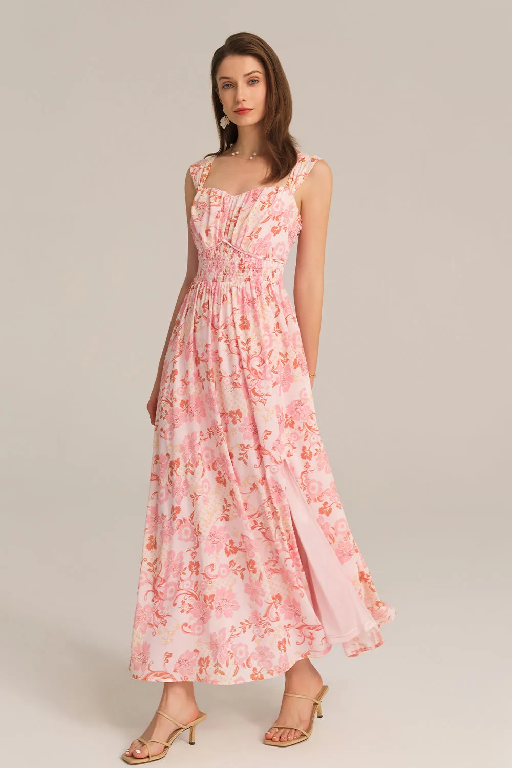 Front Slit Off Shoulder Elastic Waist Flared Dress - Pink sold by Grace Karin