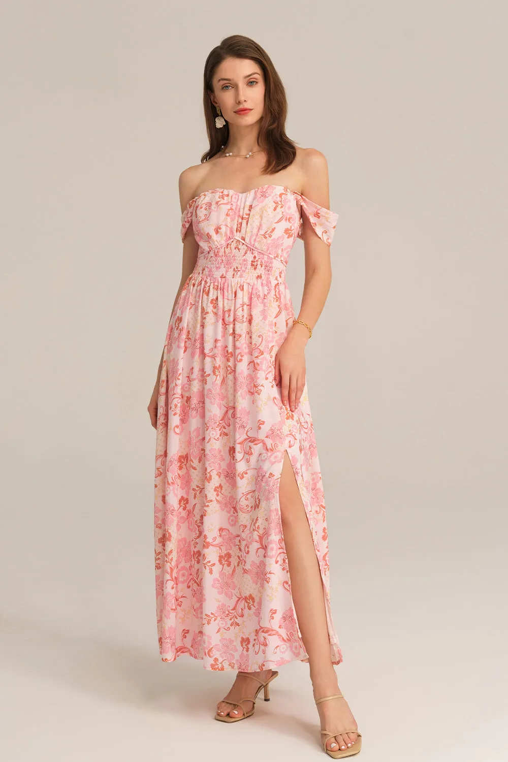 Front Slit Off Shoulder Elastic Waist Flared Dress - Pink sold by Grace Karin product image thumbnail 3