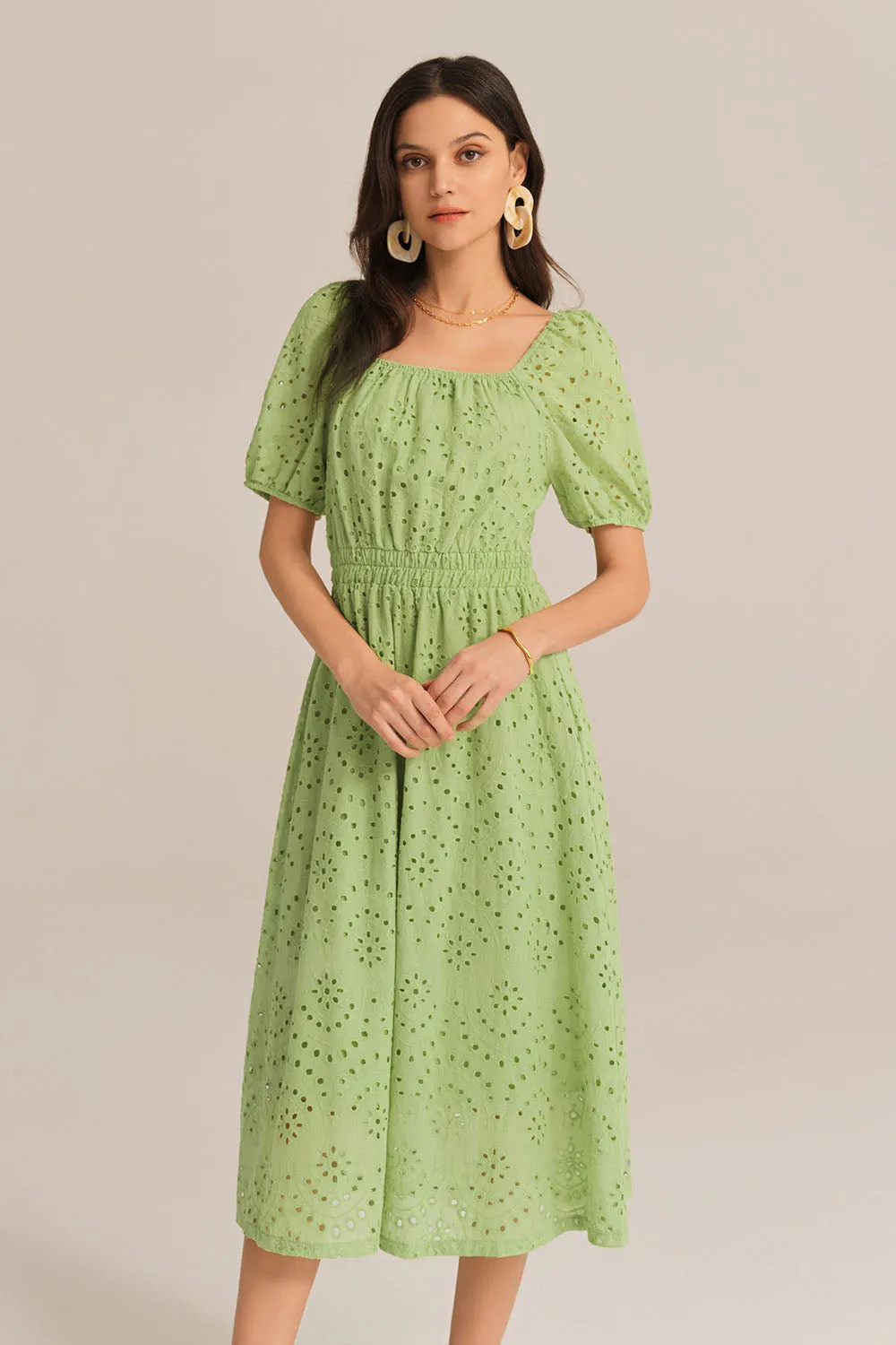 Hollowed-out Cotton Short Sleeve Square Neck Dress - Green sold by Grace Karin product image thumbnail 3