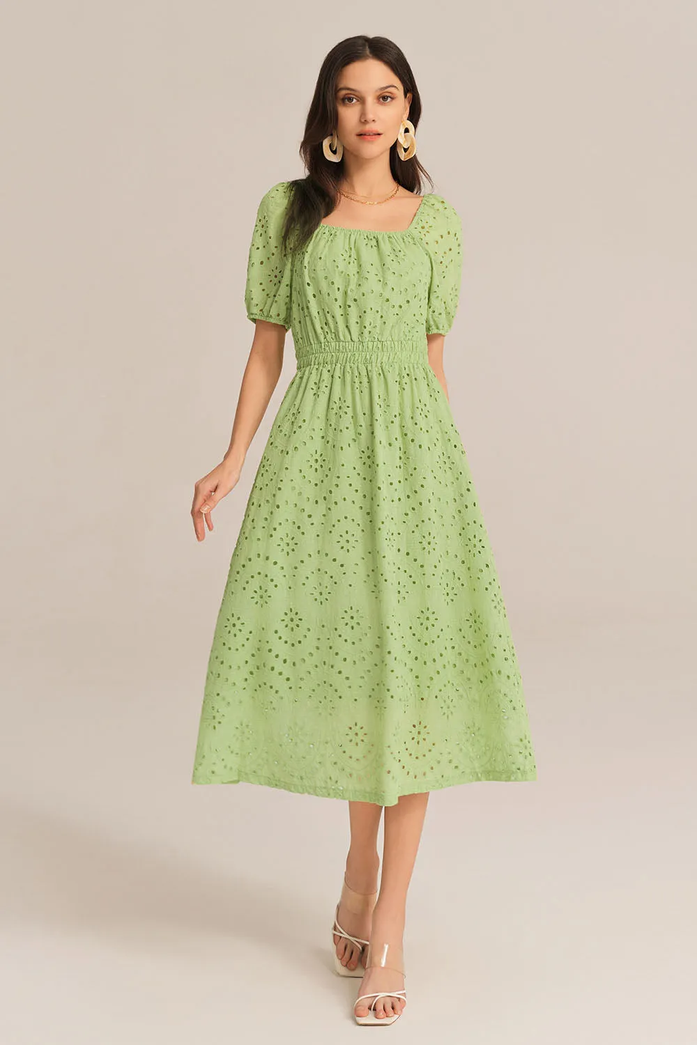 Hollowed-out Cotton Short Sleeve Square Neck Dress - Green sold by Grace Karin product image thumbnail 2